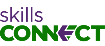 A green and purple letters and arrow    Description automatically generated